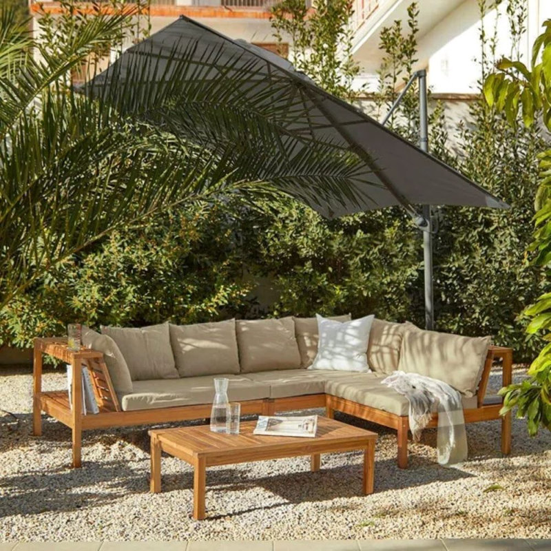 5 - Person Seating Group with Cushions, Natural - Grey Umbrella