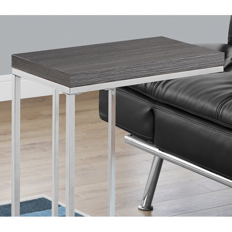 Table d'appoint en forme de C avec plateau en stratifié gris et structure en métal noir, parfaite pour les espaces de vie modernes