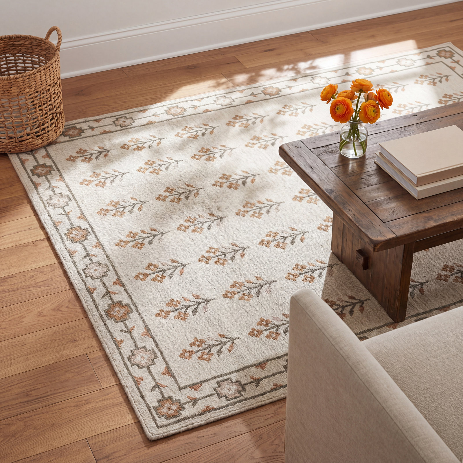 Heidi Flatweave Floral Wool Rug, 3'x5', Ivory