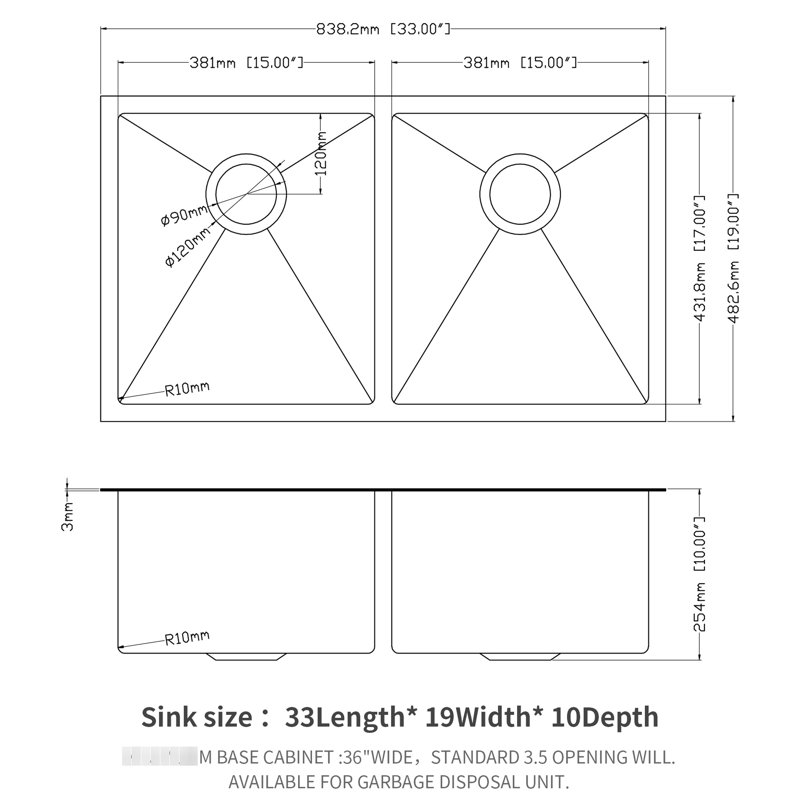 16 Gauge Gunmetal Black 33" Double Bowl  50/50  Undermount Kitchen Sink, 10" Deep, Hand - Crafted With Rear 3.5 Drain, X Grooves For Efficient Liquid Removal, Sound Dampening Layers, Condensation