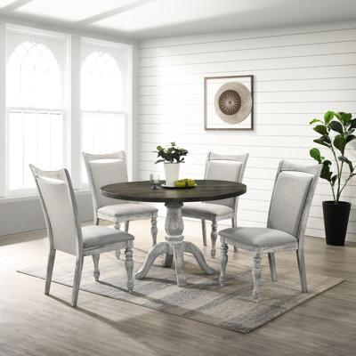 5 salles à manger, table ronde blanche et grise patinée avec 4 sièges rembourrés et chaises grises