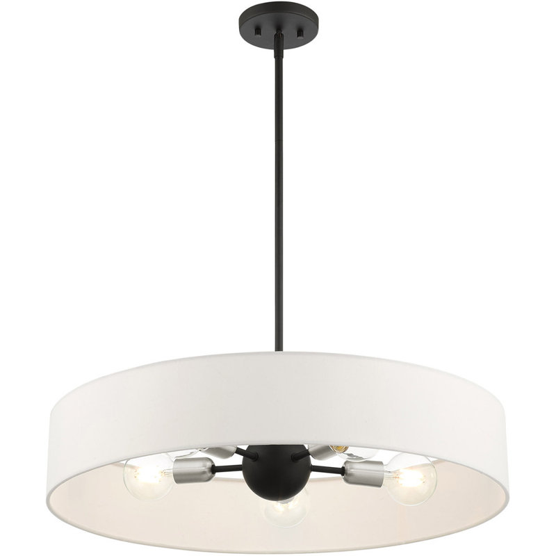 Lustre tambour 5 lumières, Noir / Nickel brossé, Blanc cassé