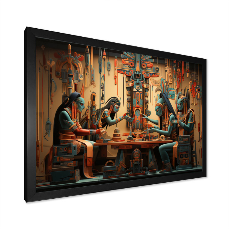 Art amérindien tissant la tapisserie - impression, H 16 po x l 32 po x P 1 po, Cadre simple noir
