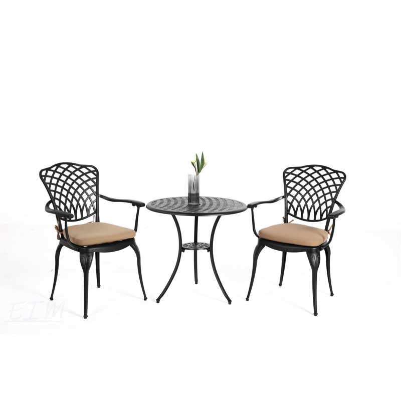 3 Piece Cast Aluminum Patio Bistro Set With Umbrella Hole And Weather-Resistant Cushions, Ideal For Outdoor Garden Use, Black