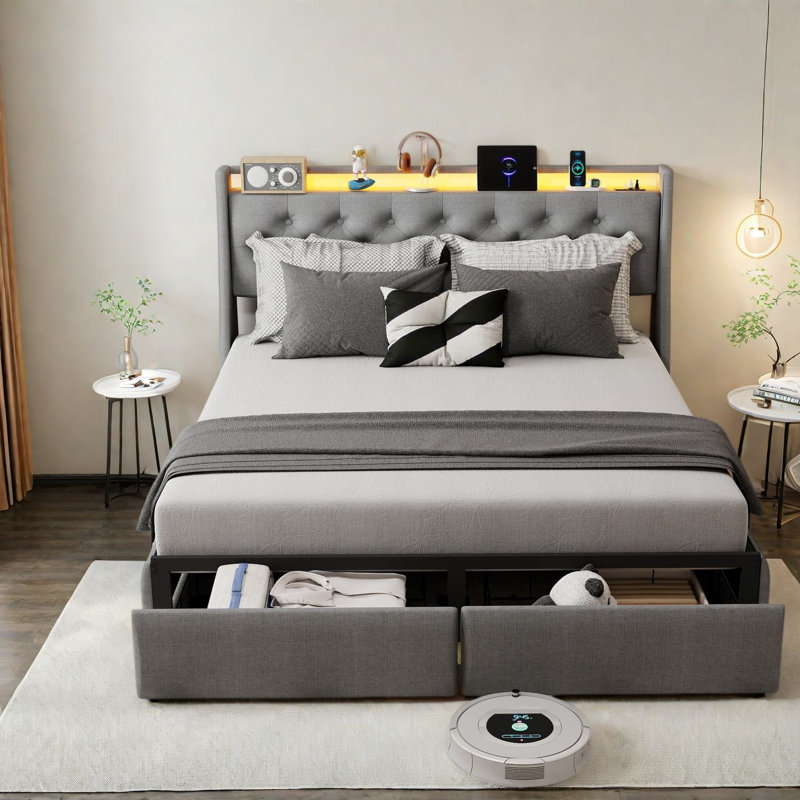 Lit moderne avec rangement, tête de lit à DEL en métal pour petite maison