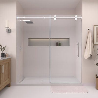 Porte de douche coulissante simple en chrome avec verre transparent de 3/8 po de l 56 à 60 po x H 60 po Radiance