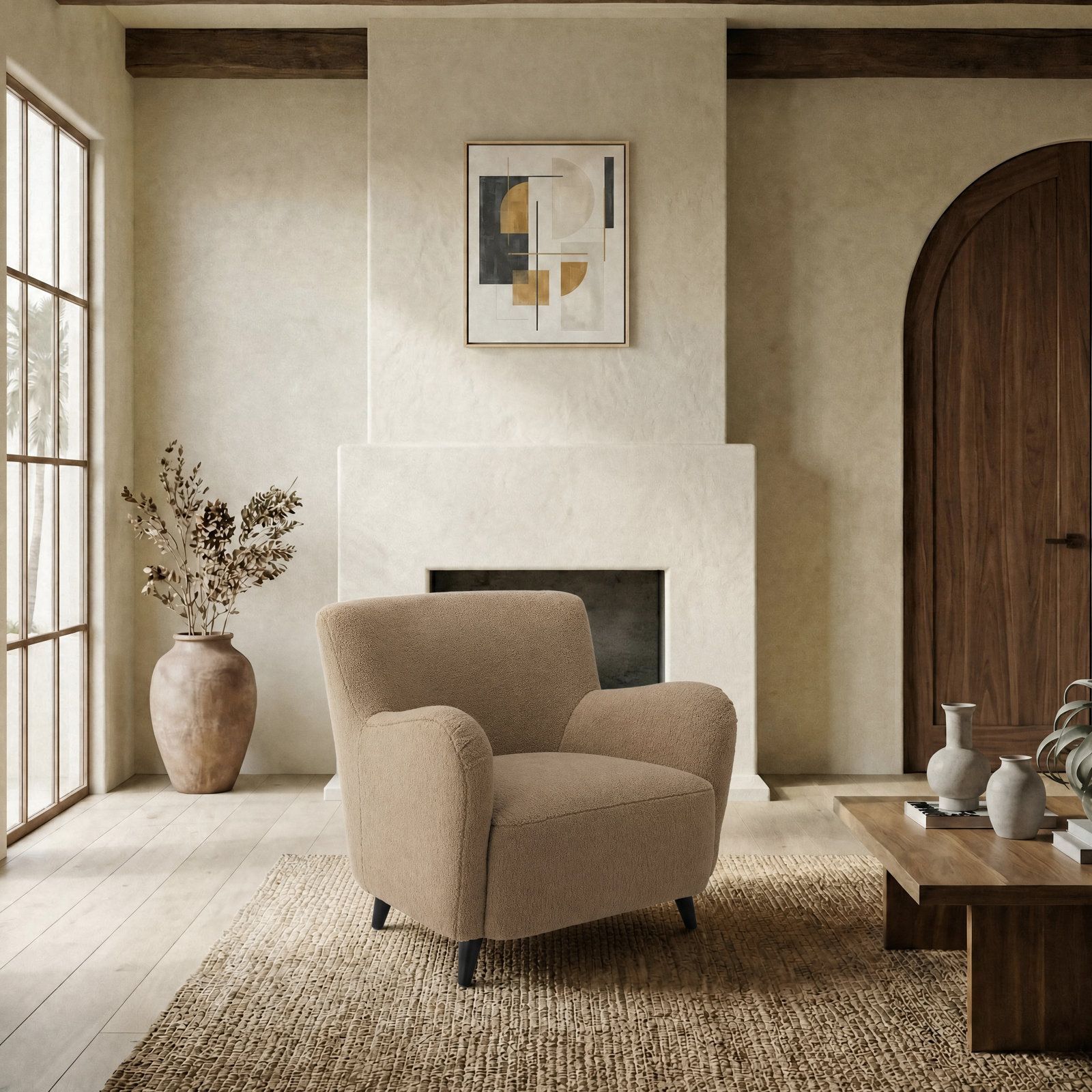 Rayanne Large Wingback Chair, Brown Faux Shearling