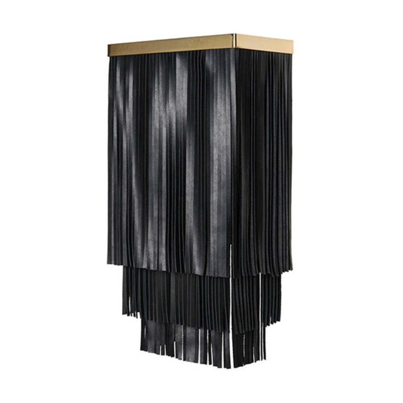 'Ndidi' Leather Fringe Wall Sconce w/ Solid Brass Accents, Black