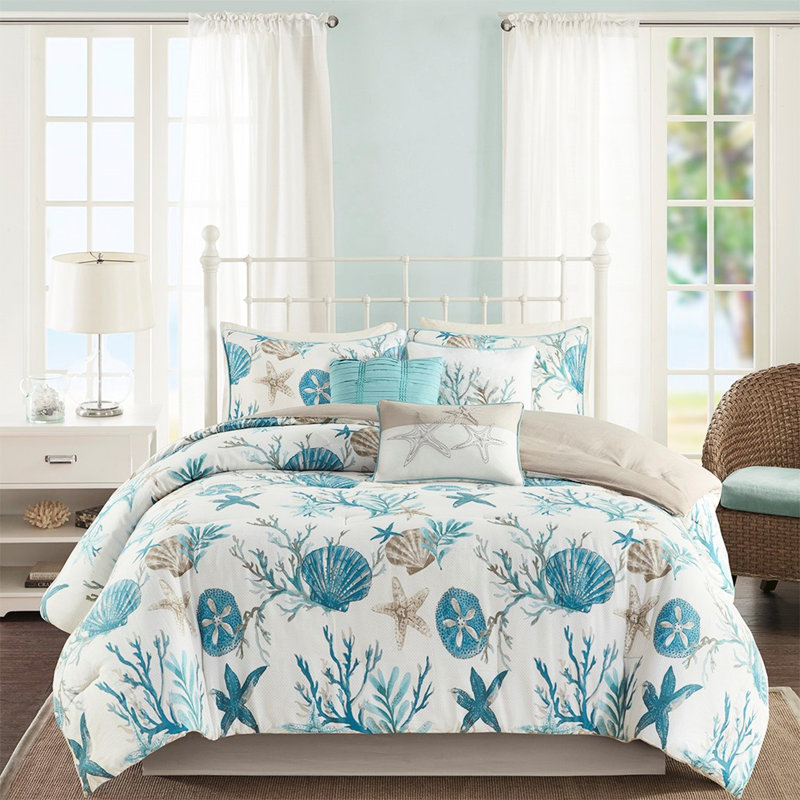 Édredon pour grand lit 7 pièces - coquillages imprimés, étoiles de mer et coraux de couleur bord de mer sarcelle, Turquoise