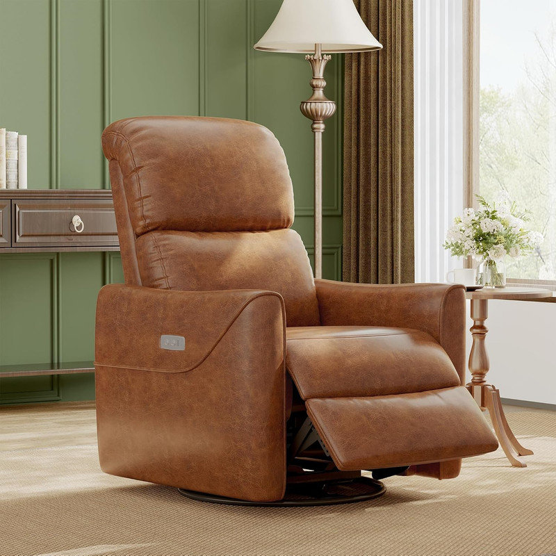 Power Swivel Glider Recliner with USB Charging, Lumbar Support & Faux Leather Upholstery, Brown