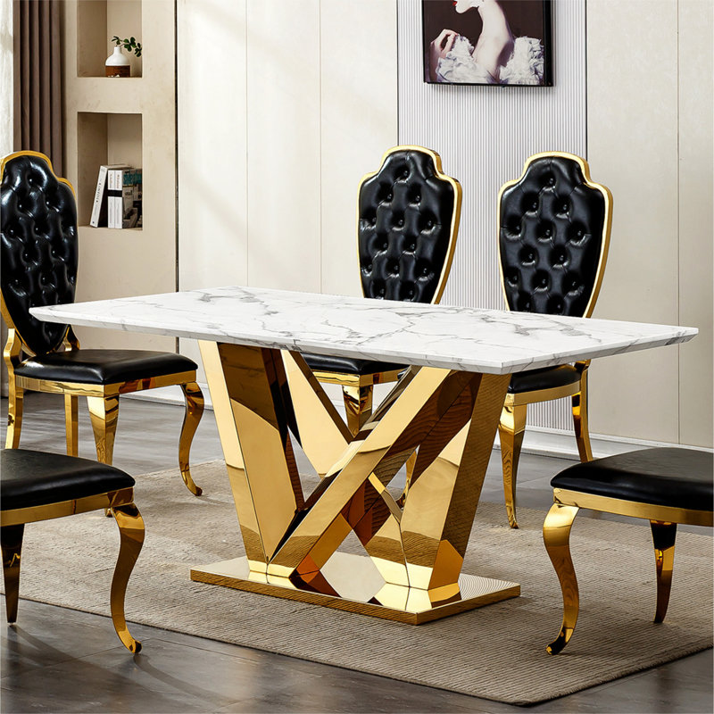 Table de salle à manger en marbre pour 6 personnes, table de salle à manger rectangulaire en faux marbre 70 po avec base en acier inoxydable à finition miroir, table de cuisine moderne en marbre de grande taille (SEULEMENT TABLE)