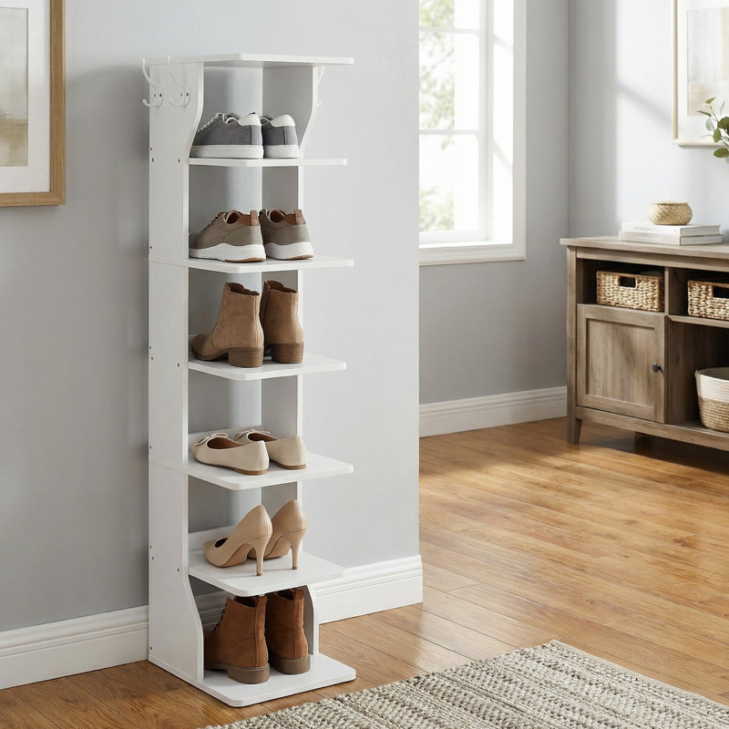 7-Tier 7 Pairs Vertical Shoe Rack, Narrow Shoe Storage Organizer with Hooks, White, 43.5" H x 10.4" W x 11.8" D