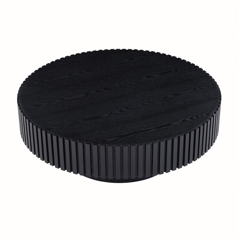 Ansel Round Pedestal Coffee Table with Ribbed Detailing, Black, 13.77" H x 35.43" L x 35.43" W