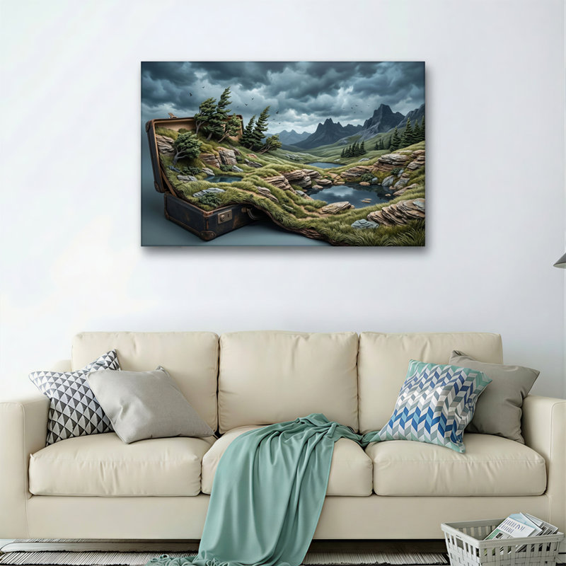 Ensemble de 1 tableau sur toile représentant une valise au paysage, 28"H x 40"W, Toile tendue