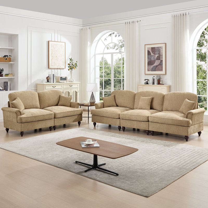 Ensemble de canapé de salon modulaire 2 pièces avec accoudoirs évasés et volants amovibles Classic, Café clair