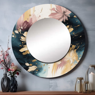 Pamelyn Pink And Beige Blooming Abstractions II - Floral Mirror, Pink Round Unique Wall Mirror, Printed Metal Art