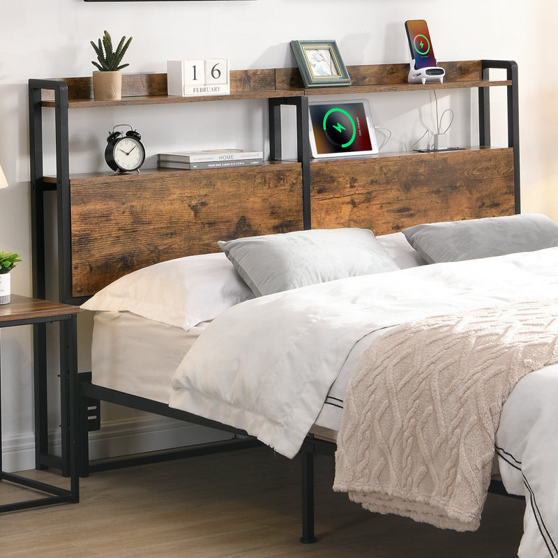 Rangement avec lumières DEL Tête de lit double, tête de lit avec station de charge, Lit double