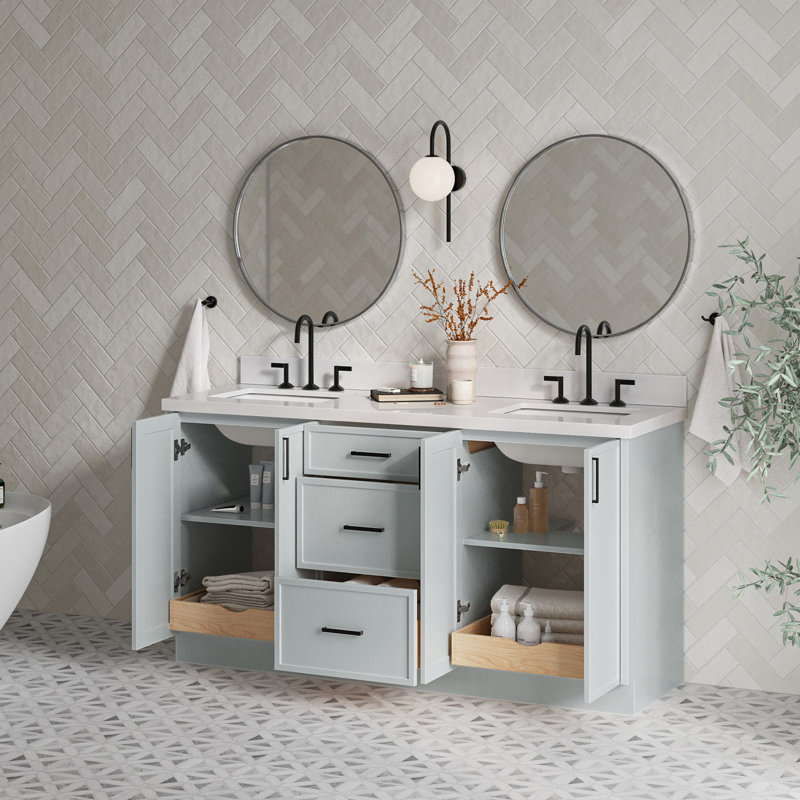 Meuble-lavabo double 67 po avec comptoir en quartz pur Ariel Kelly, Gris