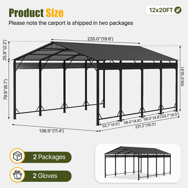 Abri d'auto en métal, abri de véhicule extérieur avec structure en acier robuste et toit incliné, 12' x 20'