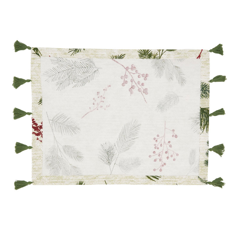 Holiday Pine Needle and Red Berry Cotton Placemats Set
