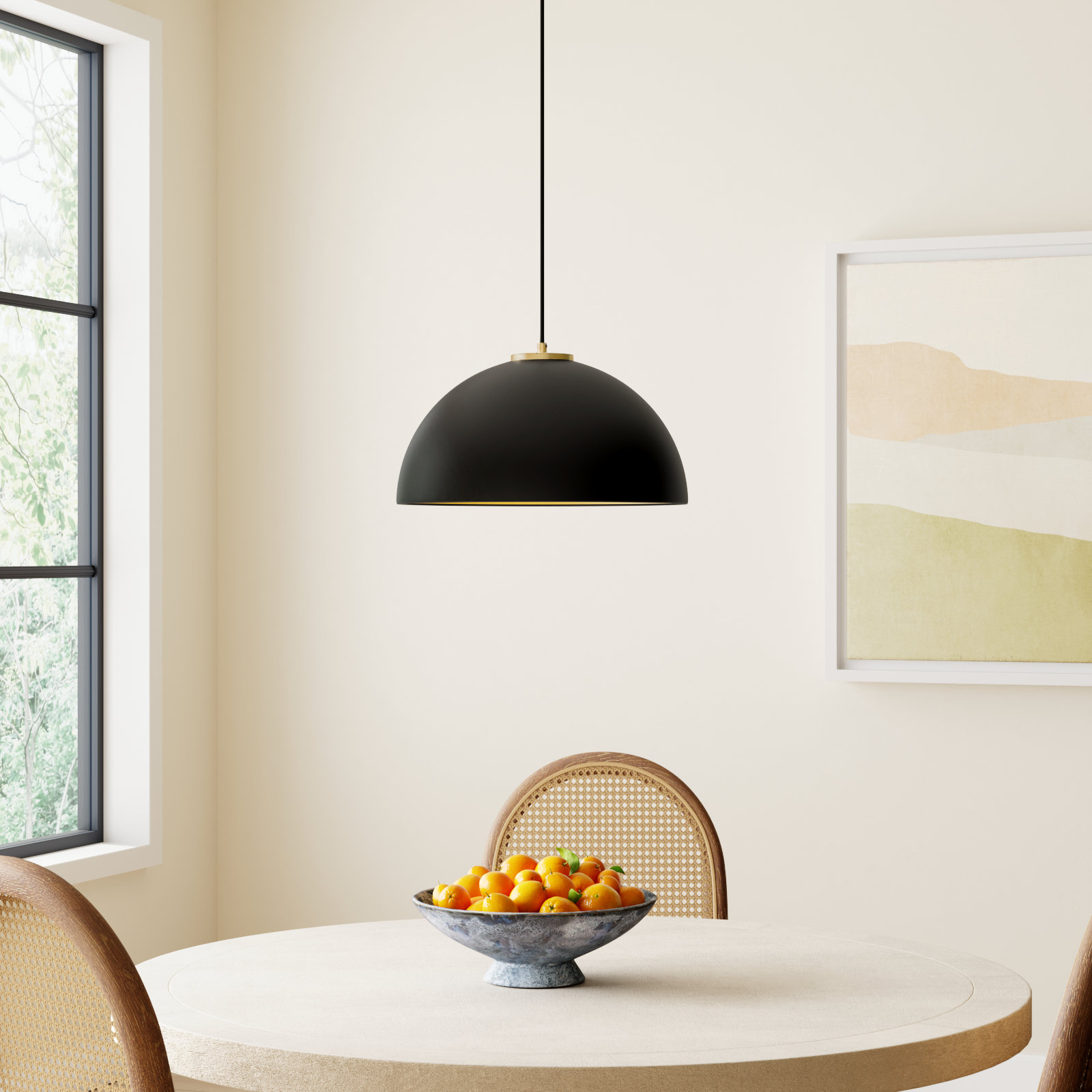 Darrah Single Light Metal Dimmable Pendant, Matte Black/Natural Brass