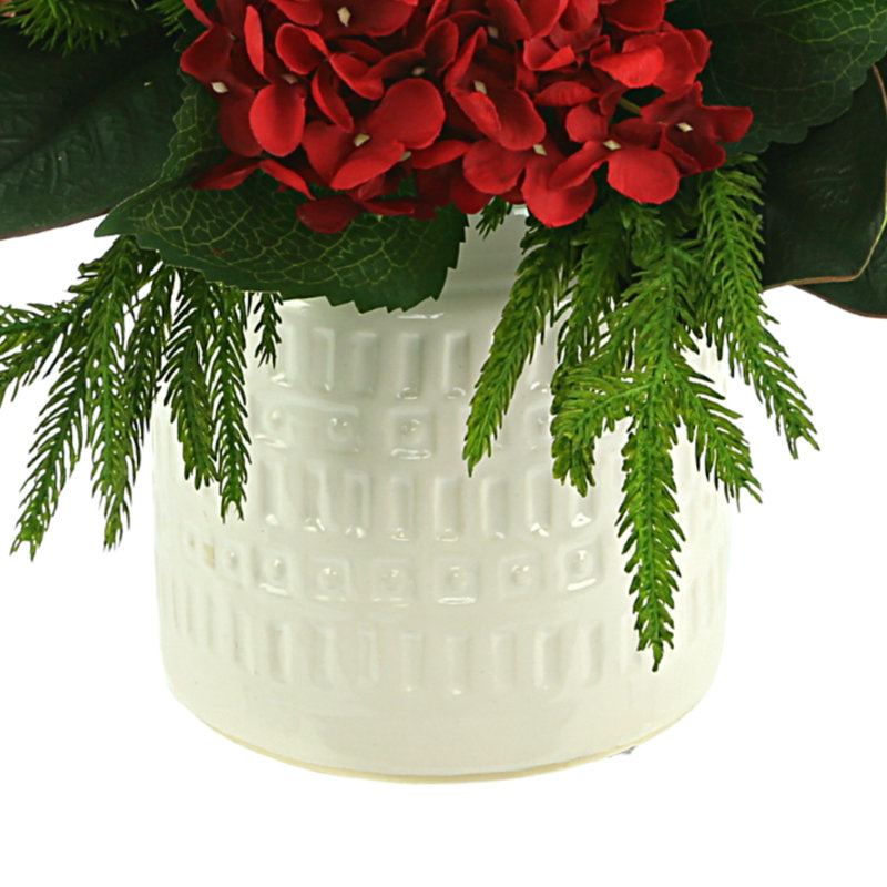 Hydrangea Holiday Arrangement With Pine, Berries And Bows In A Ceramic Pot