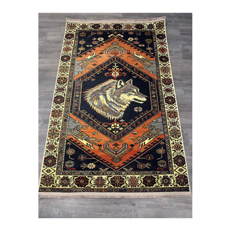Tapis orange lavable à la machine à motif loup bleu marine, Sous-tapis rectangulaire de 3 pi 3 po x 4 pi 11 po