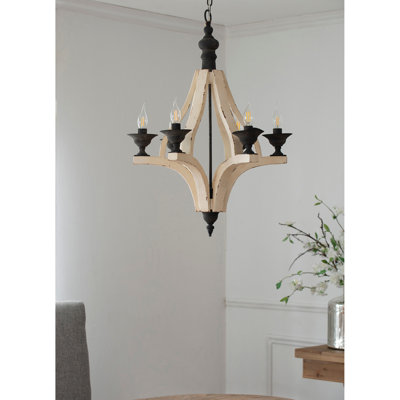 Lustre en bois 6 lumières, luminaire suspendu avec chaîne réglable pour le vestibule de la salle à manger de la cuisine, ampoule non incluse