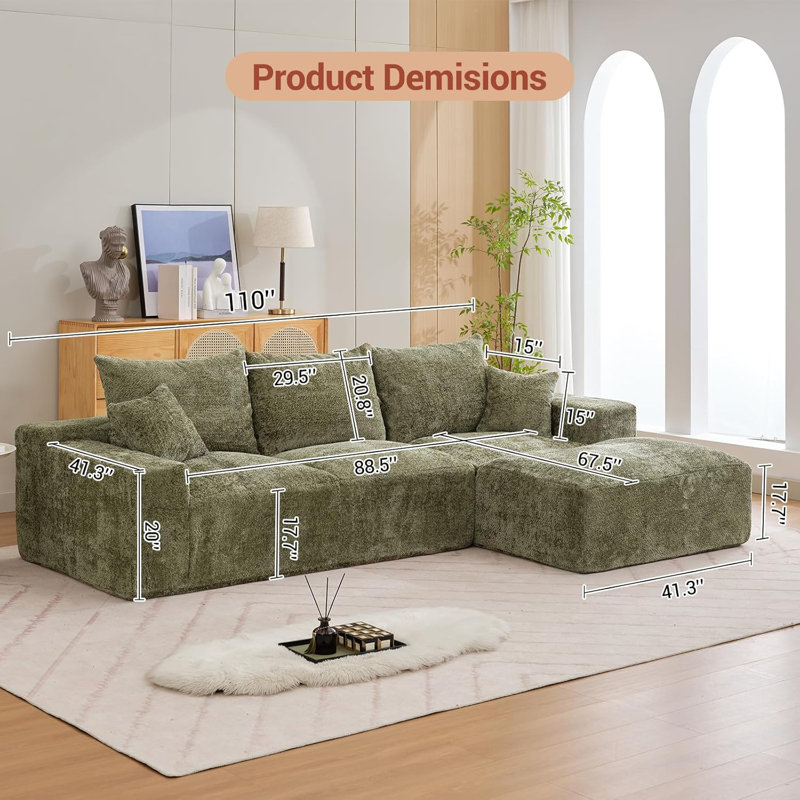 110 Inch Modular Sectional Sofa, Chenille Convertible Couch With 2 Throw Pillows, Oversized Deep Seat L-Shaped Couch