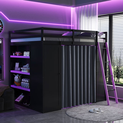 Lit mezzanine double avec garde-robe, tablettes, rideaux occultants et lumières RVB, cadre de lit en bois, mobilier de chambre à coucher, noir et mauve