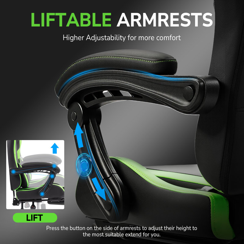  Ergonomic Gaming Chair with Footrest and Massage Lumbar Support, 2D Linkage Armrests and Headrest Pillow, for Office Home and Long Gaming Sessions, 330lbs， Green