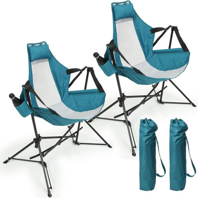 Ensemble de 2 balançoires de camping hamac pliables, chaise de hamac inclinable à dossier réglable en alliage d'aluminium équipée d'un porte-gobelet, chaise d'extérieur portative avec sac de transport, capacité de poids de 250 lb, bleu