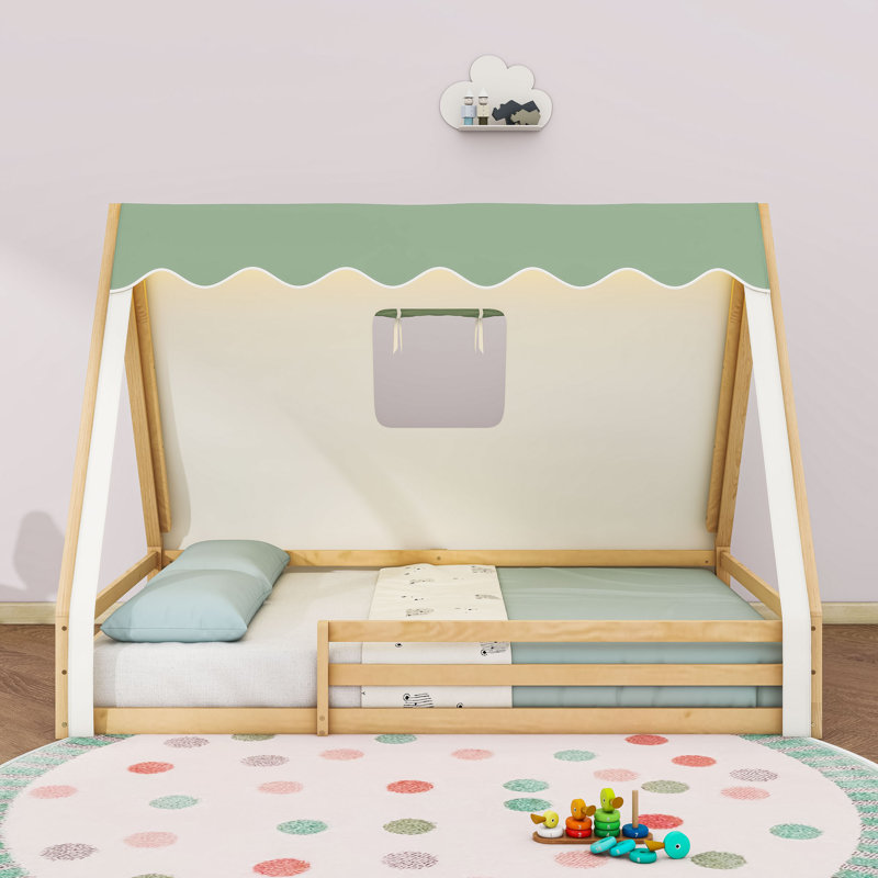 Wood House Floor Bed With LED Light, Tent And Guardrails, Natural Green, Full