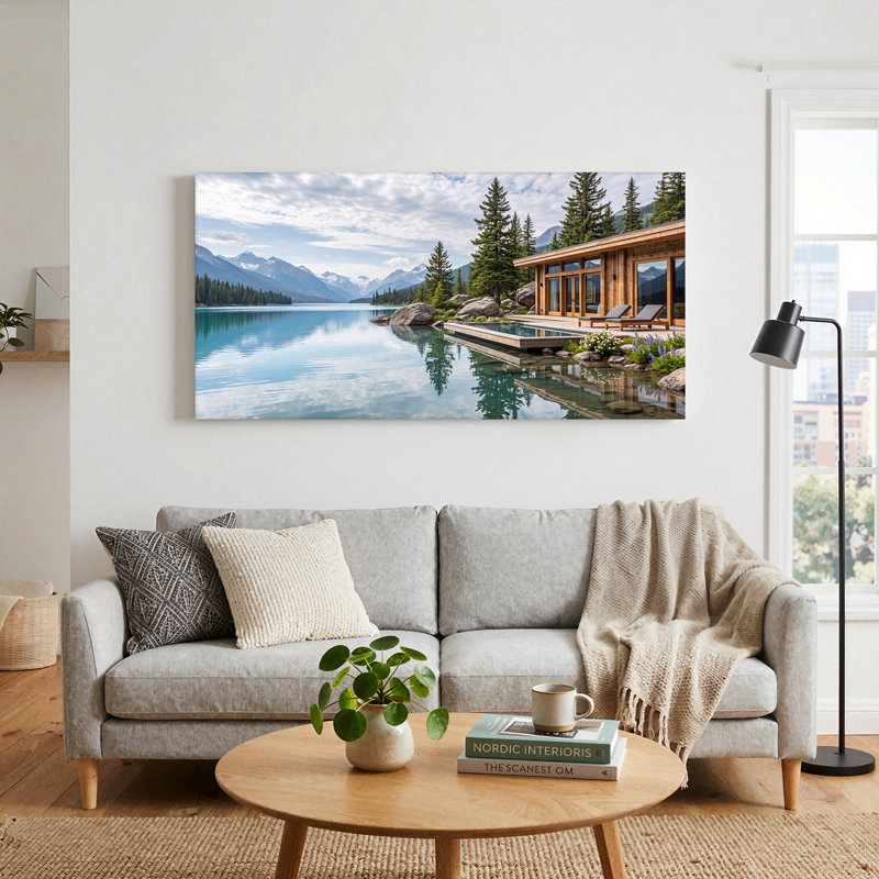 Toile en bois sur un lac turquoise avec piscine à débordement, art mural, 40“W x 20”H