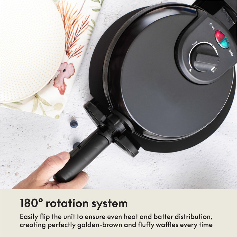 Black Rotating Belgian Waffle Maker with Nonstick Plates