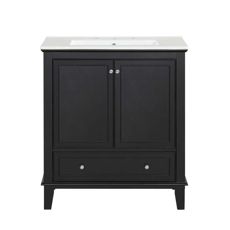 Meuble-lavabo 30 po avec lavabo, armoire de salle de bain multifonctionnelle avec portes et tiroir, bois massif et panneau de fibres à densité moyenne