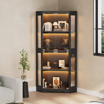 Glass Display Cabinet, 4-Tier Curio Cabinets with 3 Color Lights, Corner Curio Cabinets for Collectibles/Toys/Books, Storage Cabinets with Human Body Sensor & Charging Ports for Living Room