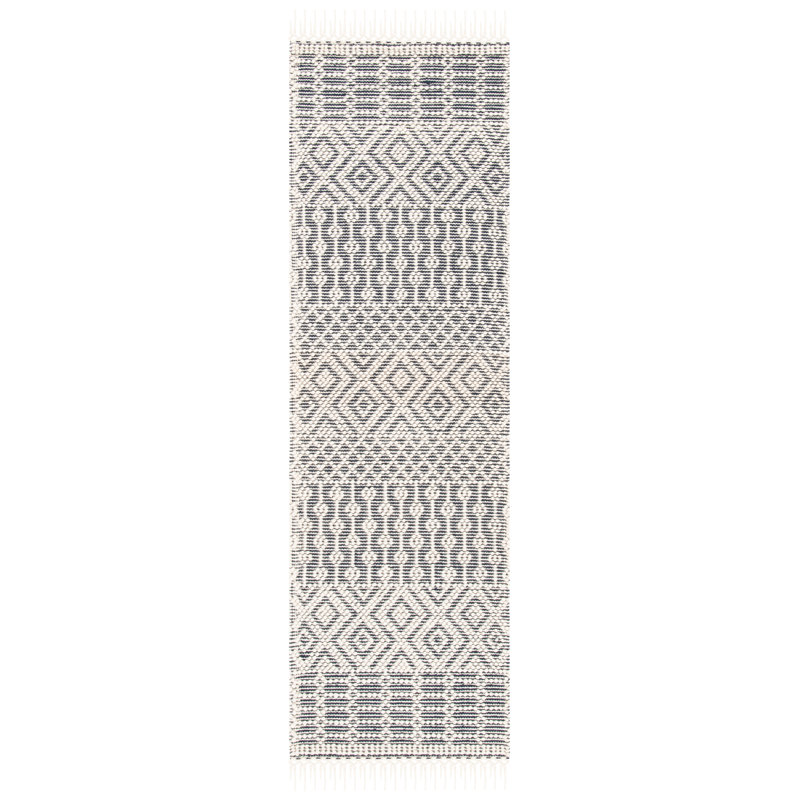 Tapis ivoire / bleu marine en laine tissé à plat à la main Aldeline Southwestren, Tapis de couloir 2 pi 3 po x 16 pi
