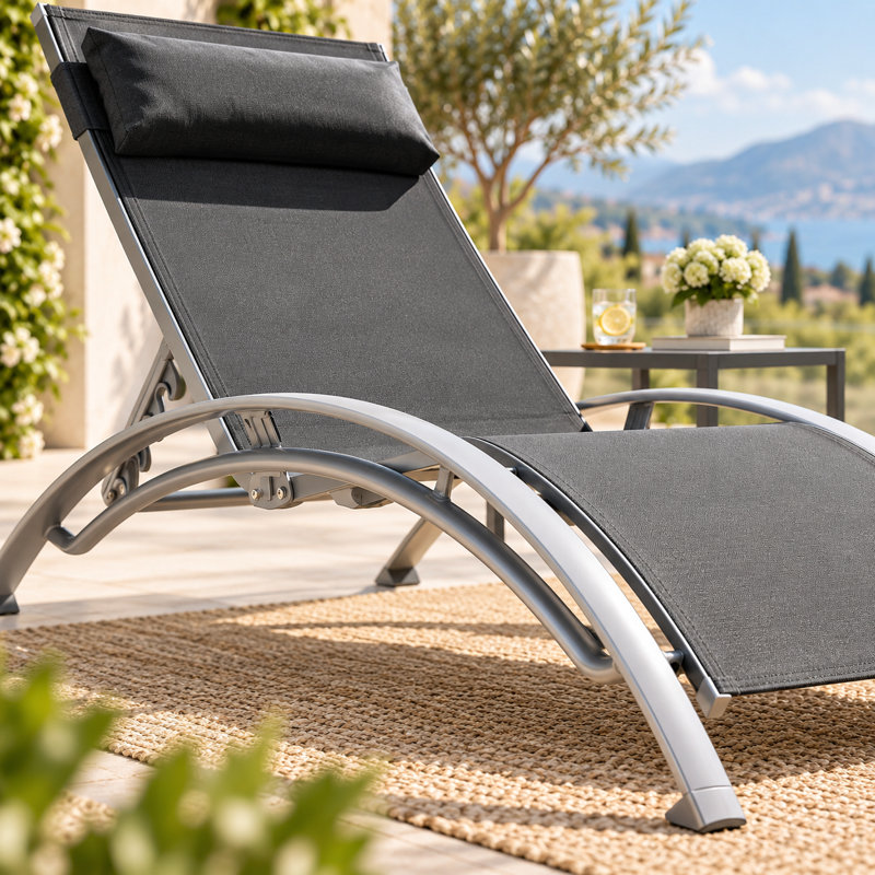 Ensemble de 3 chaises longues de piscine en aluminium Lido, 2 chaises longues de patio réglables avec table, Gris