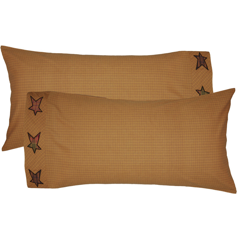 King Size Khaki Plaid Cotton Pillowcase Set with Appliqued Stars