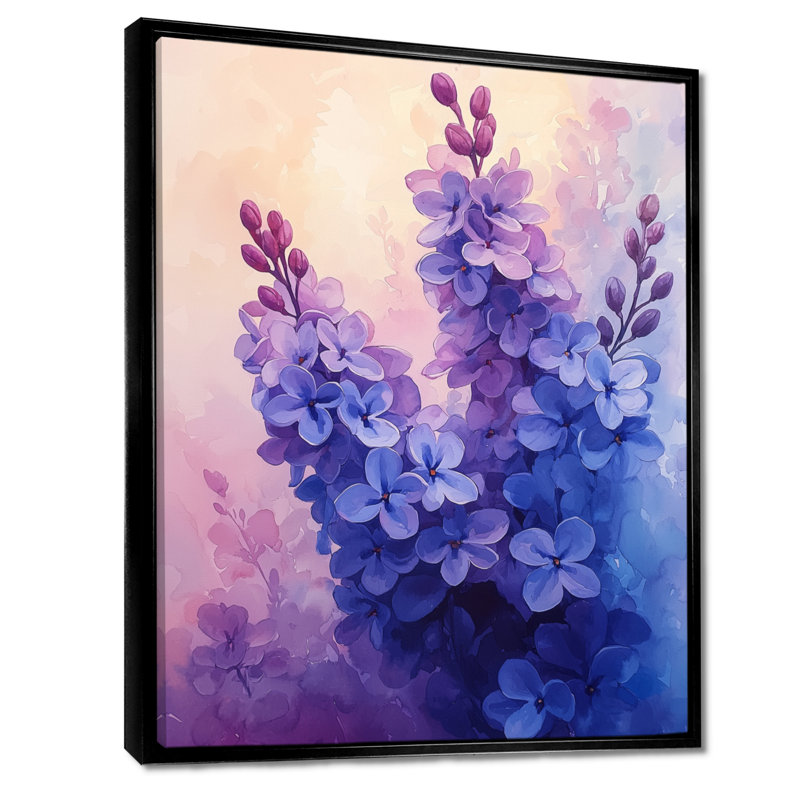 Halie, lilas abstraits en fleurs bleues et mauves - lilas, art mural, Noir, Reproduction avec cadre flottant