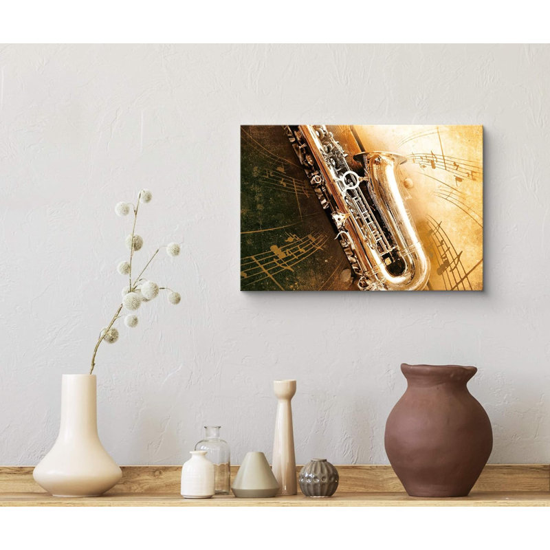 Music " Bronze Saxophone With Swirling Music Notes Music Instruments Photography Contemporary ", 12" H x 18" W x 1.5" D