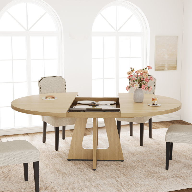 Table de salle à manger ronde extensible peu encombrante pour 4 à 8 personnes - Plateau de table moderne en bois aggloméré - Conception réglable et multifonctionnelle - Idéale pour la cuisine, la salle à manger ou le salon - Couleur bois naturel