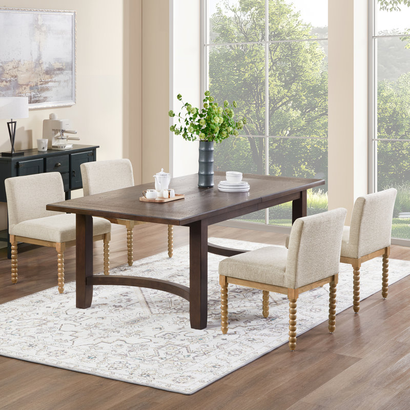 Upholstered Low Back Rubber Wood Bobbin Legs Dining Chair, Cream, 4, Walnut