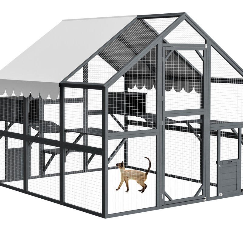 Enclos pour chat avec bois, 2 ponts, 5 chemins de promenade, cabines confortables, toit de protection pour les félins, construction extérieure spacieuse, aires de repos à suspension, environnement félin