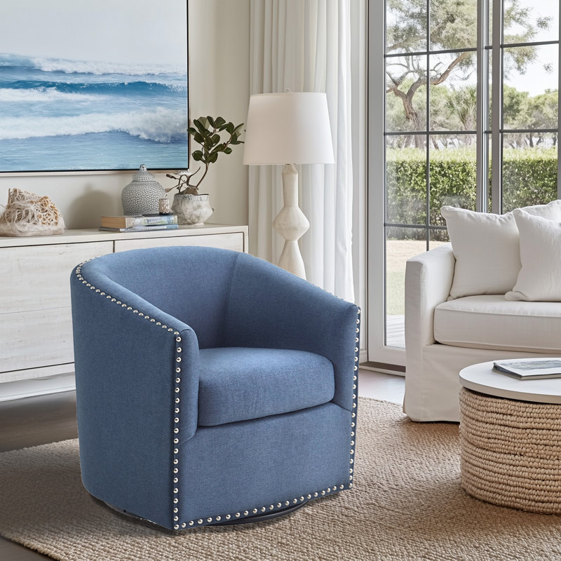 Tyler 360° Swivel Barrel Chair with Nailhead Trim, Blue Polyester