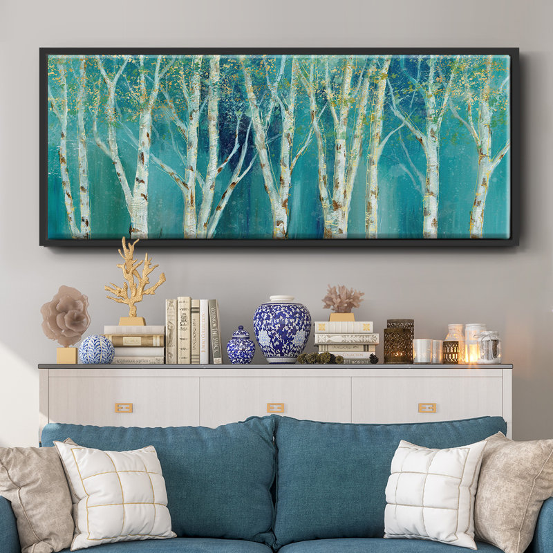 Bouleau sur toile bleue encadrée, H 20 po x l 50 po