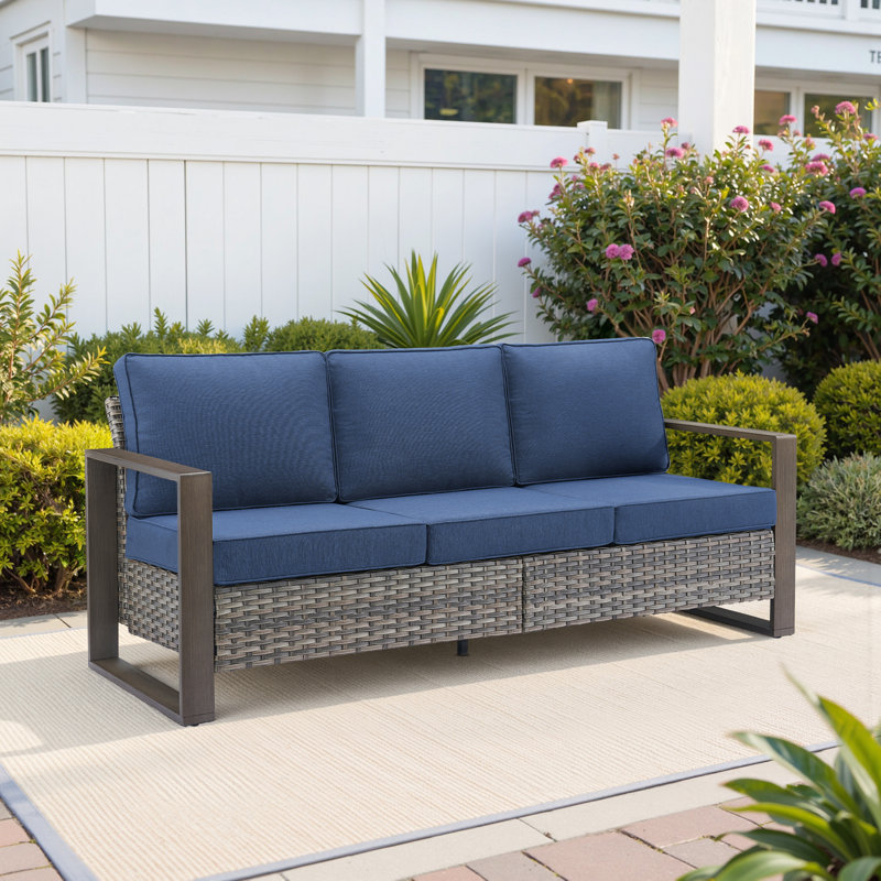 Allcot Patio Outdoor PE Wicker Sofa With Cushions, Gray, Blue