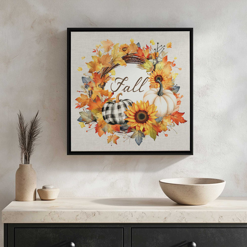 «Fall Wreath» par Nicole DeCamp, reproduction d'art, Toile avec cadre, Érable, L 12 po x H 12 po