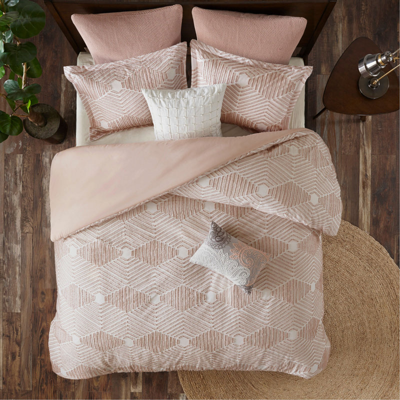 Ensemble d'édredon en jacquard de coton rosé, Édredon grand et 2 taies décoratives